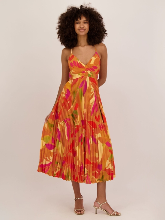 Astr Dresses & Skirts - Astr Blythe Orange Floral Pleated Midi Dress with Pink & Green Accents